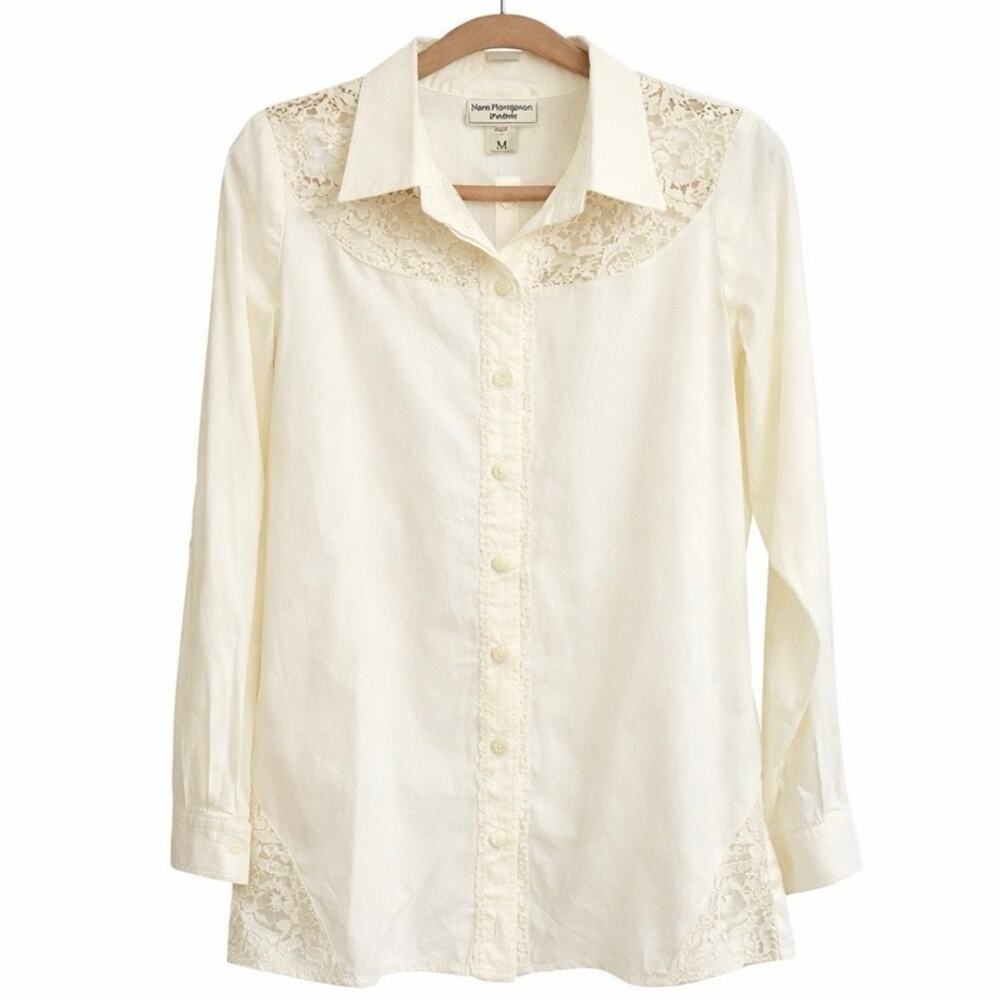 Norm Thompson Ivory Lace Trim Button Down Blouse Medium Classic‎ Collared Shirt
